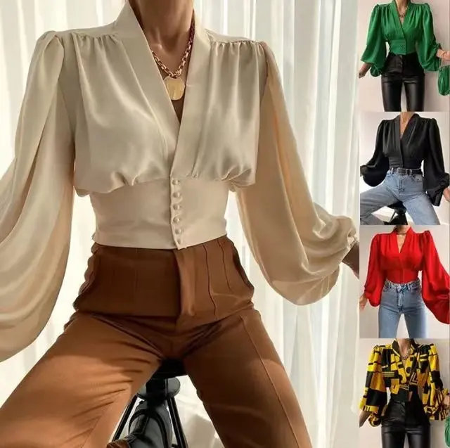 वी-नेक पफ स्लीव ब्लाउज़ बटन शर्ट्स सुरुचिपूर्ण शॉर्ट टॉप प्रिंटेड फ्लावर कैज़ुअल लेडीज़ लंबी स्लीव शर्ट महिलाएं