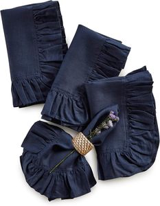 Fabriqués à la main 100% pur lin bleu marine serviettes de table <span class=keywords><strong>Gabrielle</strong></span> Ruffle Design lavable en Machine pour la saison d'automne automne - Product Image 3