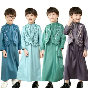 Groothandel moslim thobe mannen kids-Hot Selling Midden-oosten Islamitische Arabische Jongen Kleding Moslim Jubah Kids Abaya Kinderen Jongens Vest Thobe 2 Stuks Set