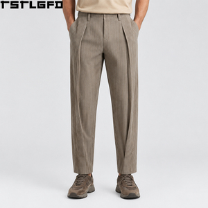 Pantalon plissé OEM/ODM pour homme, couleur taupe, à plis superposés, taille élastique, coupe courte à la cheville, style streetwear Y2K, vente en gros - Product Image 1