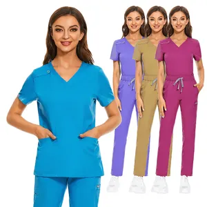 看護師と医師のための女性用スクラブセット、医療用Vネックスクラブトップ、カーゴパンツ作業服
