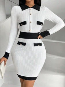 <span class=keywords><strong>Abito</strong></span> a tubino in vita sottile da donna a manica lunga lavorato a <span class=keywords><strong>maglia</strong></span> colorata da donna - Product Image 2