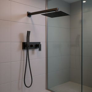 Cabezal de Ducha Cuadrado Negro Mate de Latón con Rociador de Mano, Grifo de Baño de Montaje en Pared, Patrón de Rociado de Lluvia - Product Image 2