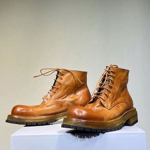 Bottes de travail montantes pour hommes en cuir lavé vintage, faites à la main, effet vieilli, à plateforme épaisse, à lacets, respirantes, antidérapantes, été - Product Image 3