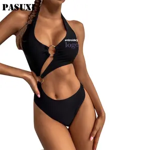 PASUXI 2023 Custom Swimwear Hot Sexy Women Solid Color Bikini Circle Button Cutout One Piece Swimsuit