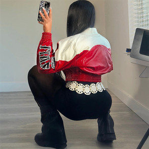 Giacca in <span class=keywords><strong>pelle</strong></span> Patchwork stampa lettere da <span class=keywords><strong>donna</strong></span> cappotti Casual stile Hipster stile autunno - Product Image 3