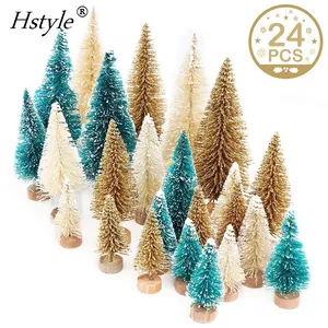 24 PIÈCES Artificielle Mini Arbres De Noël Sisal Arbres avec Base En Bois Bouteille Brosse Arbres pour Noël Décoration De Table SSD242