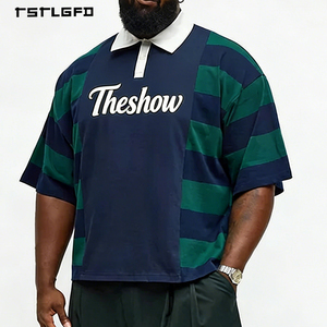 Maglietta Vintage Oversize a Blocchi di Colore in Cotone Termico Pesante a Maniche Corte per <span class=keywords><strong>Uomo</strong></span>, Polo a Righe Stile Rugby - Product Image 2