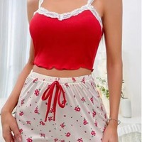 Setelan Santai Wanita Seksi Bermotif Bunga Rajutan ODM, Atasan Tali & Celana Pendek, Bahan Bernapas, Elastis, Gaya Eropa-Amerika, 2 Potong