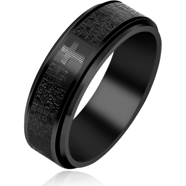 Men's Black Stainless Steel Bible Verse Cross Spinner Ring, Engraved Christian Faith Ring, Religious Jewelry Gift for Him