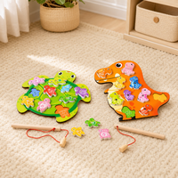 Papan Puzzle Permainan Memancing Magnetik Kayu dengan Katak Dinosaurus, Magnet Ikan, Set Mainan Edukasi Sensorik untuk Balita