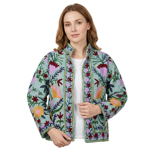 Hand Embroidery Knitted <b>Bomber</b> <b>Jacket</b> Floral Cotton Eco-Friendly Quick Dry Breathable V-neck <b>Vintage</b> Suzani Fabric Winter - Product Image 1