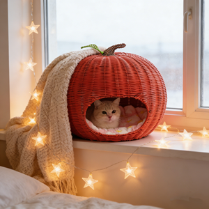 Cama para Perros y Gatos de Mimbre de Resina Plástica con Forma de Manzana, Elegante y en Oferta, Cama Semicerrada para Mascotas, Lavable, con Colchón - Product Image 1