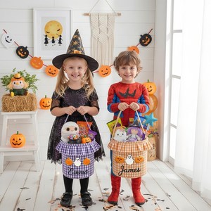 Panier-cadeau d'Halloween personnalisé, sac à bonbons d'Halloween à carreaux, motif à carreaux <span class=keywords><strong>orange</strong></span> et rose, panier-cadeau d'Halloween - Product Image 3