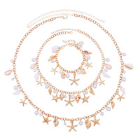 Ensemble de bijoux bohème pour l'été et la plage : Chaîne de taille en alliage avec coquillages, perles d'imitation, étoiles de mer et conques, et bracelet-collier de ventre