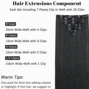 Extensions de cheveux synthétiques lisses et longues à clips, 7 pièces, en fibres résistantes à la chaleur, épaisses, avec clips - Product Image 3