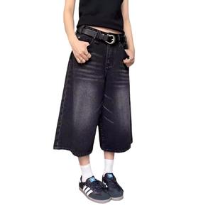 Pantalones cortos de mezclilla lavados Retro negros de cintura alta para mujer Harajuku Vintage moda Casual suelta Y2K Streetwear pantalones de pierna ancha de largo medio - Product Image 4