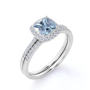 925 Sterling Silver Aquamarine Diamond Halo Engagement <b>Wedding</b> <b>Ring</b> Classic <b>Cushion</b> Cut Prong Setting Fine Silver <b>Ring</b> - Product Image 4