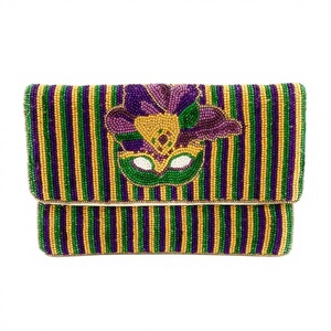 Handmade Beaded Mardi Gras Mask Clutch Purse Party Evening Bag Textile Material Cotton Purple Green Gold Stripes CRYSTAL <b>CRAFT</b> - Product Image 1