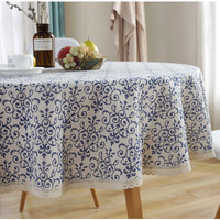 Nappe ronde en coton et lin à imprimé floral en porcelaine bleue vintage, la plus vendue, avec bord festonné, pour restaurant