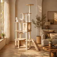 Arbre à chat moderne et écologique certifié FSC avec cabane transparente en acrylique, double logement, structure en bois de bouleau massif, niveaux multiples en sisal