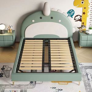 Cartoon Dinosaur Kids <b>Bed</b> with <b>Slide</b> & Guardrails Modern Full <b>Bed</b> for Boys Comfortable Solid Wood Minimalist Design - Product Image 4