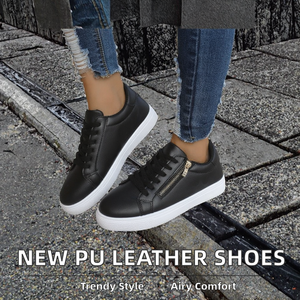 Nouveauté : Baskets plates pour femmes, basses, en cuir PU, avec <span class=keywords><strong>fermeture</strong></span> éclair, chaussures tendance avec lacets respirants, style marche, semelle en caoutchouc blanche - Product Image 3