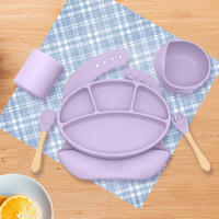 Personnalisé 6pcs Silicone Bébé Alimentation Ensemble Enfants Sevrage Ensemble Plaque D'aspiration Bol Bavoir Bol Tasse Cuillère Fourchette