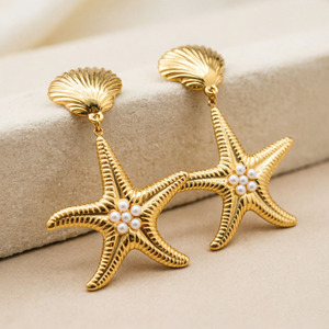Ocean themed pearl starfish and seashell earrings for women extravagant vacation style understated luxury earrings fashion - Product Image 1