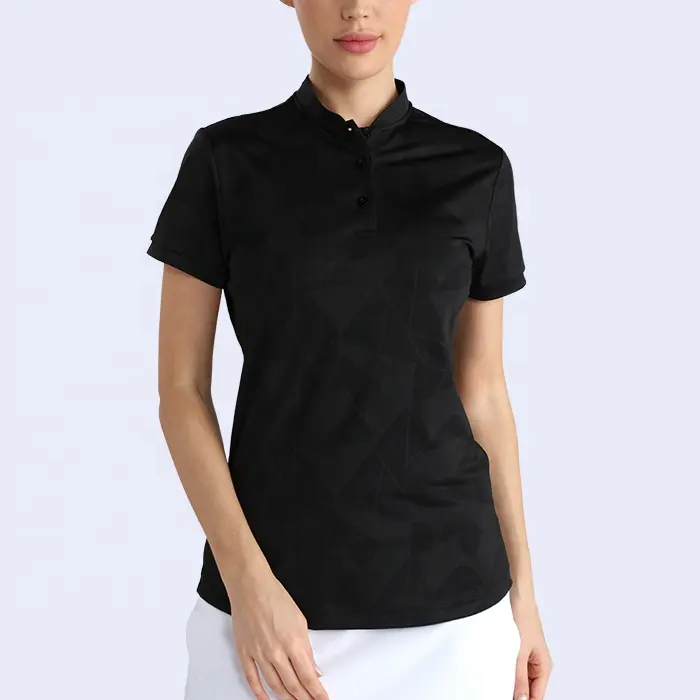 Xinyihong Woman Black Embossed Camo Mandarin Collar Polo Shirts