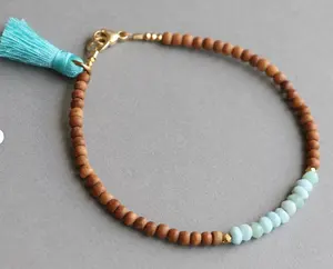 Zooying Boho Larimar and Sandalwood Beaded Gemstone Bracelet For Men and Women blue tassel