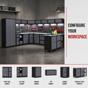 Station de travail robuste pour réparation automobile, armoire à outils de 4 à 7 compartiments avec rangement suspendu, panneau perforé, portes verrouillables et service OEM - Product Image 4