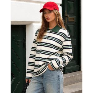 FOXA Womens Striped Polo Shirt Long Sleeve <b>Preppy</b> Knitted <b>Top</b> Regular Fit V Neck Lapel Collar Button Front Sweatshirt Tee - Product Image 3