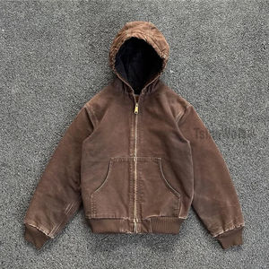Felpa squadrata da <span class=keywords><strong>uomo</strong></span> di colore marrone su misura con scritta ricamata Vintage spessa pietra pesante con Zip - Product Image 1