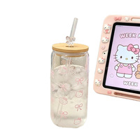 Gobelet à jus de fruits en verre borosilicate de haute qualité, style Ins, motif dessin animé, résistant à la chaleur, grande capacité, avec couvercle et décoration nœud papillon