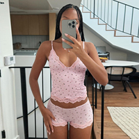 Ensemble 2 pièces personnalisé avec logo, débardeur rose en maille dentelle florale col en V sans manches et short taille normale, écologique et respirant, collection Printemps/Été