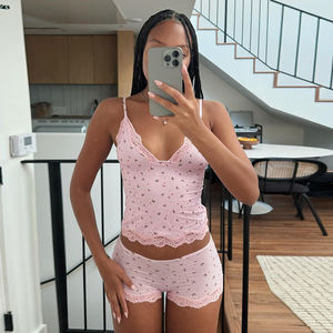 Custom Logo <b>Pink</b> Lace Floral Above Knee Pajama Set Sleeveless Camisole & Fitted <b>Shorts</b> Eco-Friendly Comfort Loungewear - Product Image 3