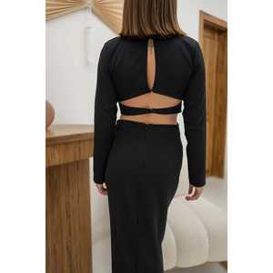 Wholesale <b>Black</b> <b>Buttoned</b> Knee-Length Dress Floral Solid Pattern XL Size Strapless Party Waist Detail for Spring Autumn Day - Product Image 3