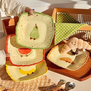 Cute Square <b>Ceramic</b> Plate 8 Inch Cartoon Fruit Design For Breakfast Snack Salad Deep Dish Home Use Party - Product Image 1
