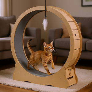 Rueda de ejercicio para gatos Purrfect Pet de madera de 48 pulgadas, silenciosa, para interiores, con pasarela alfombrada para fitness y juego. - Product Image 2