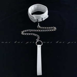 White Soft Collar With Chain And Leather <b>Handle</b> For Adult Use - Product Image 1