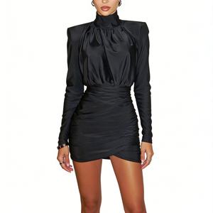 Robe mini moulante à col montant et froncée pour femme, à manches longues, avec ourlet portefeuille, pour les soirées, tendance - Product Image 5