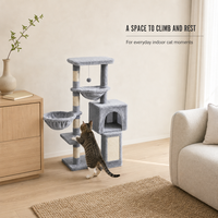 Arbre à chat multi-niveaux avec hamac, niche fermée et poteaux à gratter