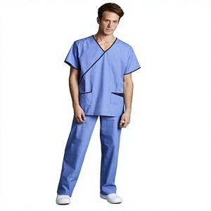 Conjunto de uniforme médico azul con cuello en V para mujer, de poliéster tejido, blusas y camisas para hospital con detección de agujas, fusión sin costuras - Product Image 1