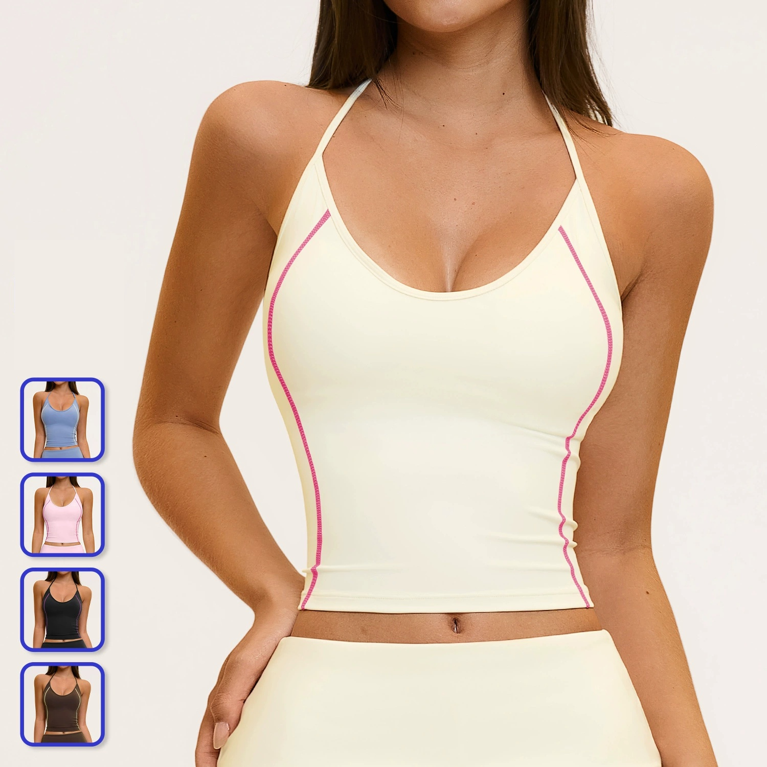 Women Breathable Sports Color-block Halter-neck Backless Fashionable Tight-fit Yoga Top