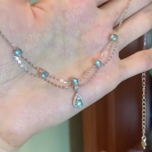 Collier en argent sterling S925 avec pendentif en forme de fleur de glace, diamant bleu clair taille rose, collier à perles tendance, clavicule, une seule goutte, pompon - Product Image 4