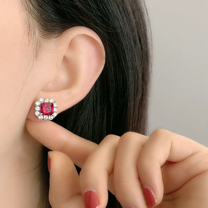 Fashion Statements Jewelry Eco-friendly Copper Silver Plated 7*7mm Red Zircon Geometric Square Earrings for Women - Product Image 4