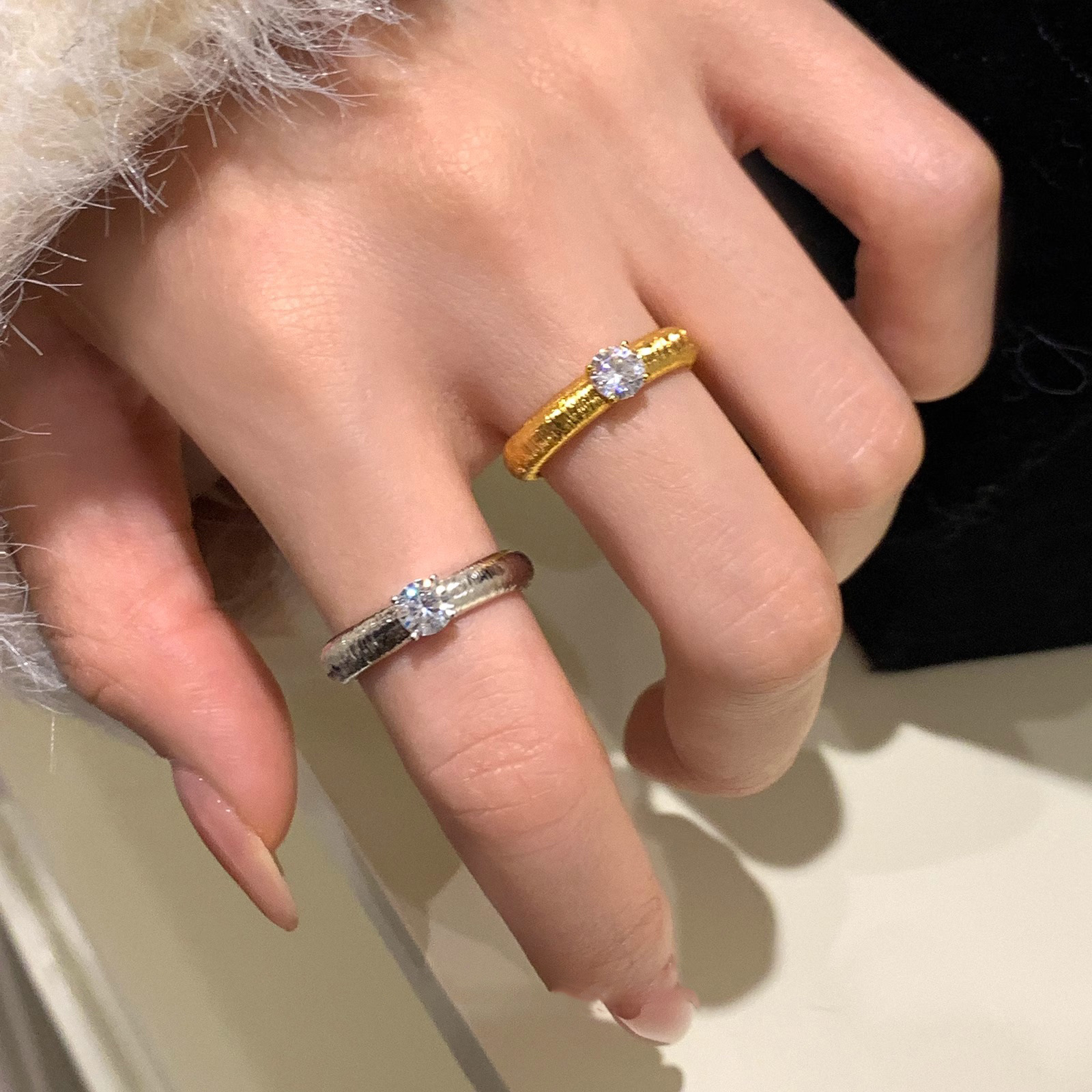 Japanese & Korean Style High-End Luxury Metal Brushed Diamond Ring Feminine Niche Gold Plated Index Finger Ring Adjustable Ring
