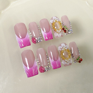 Sweet Purple <strong>Pink</strong> Gradient Press on <strong>Nails</strong> 3D Flower Rhinestone Medium Square Fake <strong>Nails</strong> Handmade Reusable False <strong>Nails</strong> for Women - Product Image 1