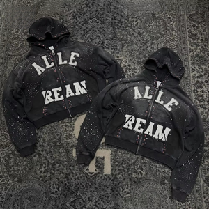 Sudadera con capucha personalizada con cremallera, pedrería, purpurina, bordado desgastado, estilo vintage, lavado ácido y pedrería de imitación - Product Image 1
